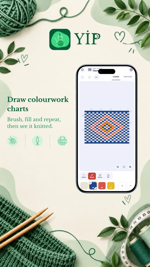 Draw colourwork charts - brush, fill and repeat, then see it knitted